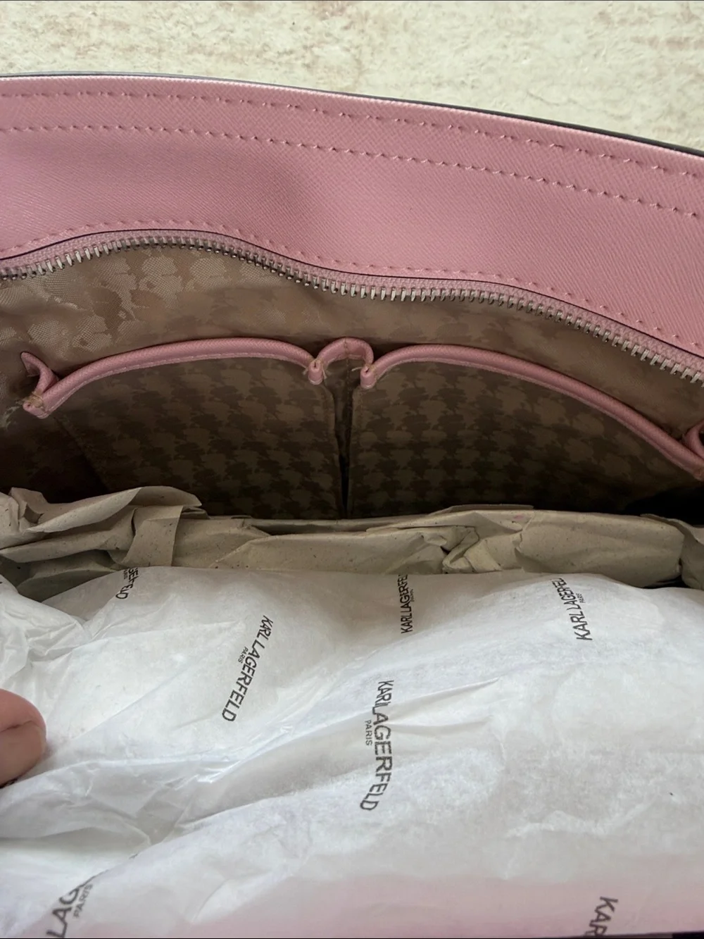 Karl Lagerfeld Paris Beige Monogram Adele Tote with Pink Coin Pouch